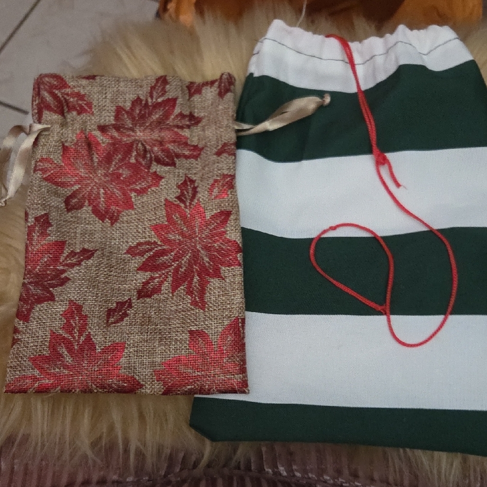Striped Green & White Drawstring Bag with Red Leaf Burlap Pouch
